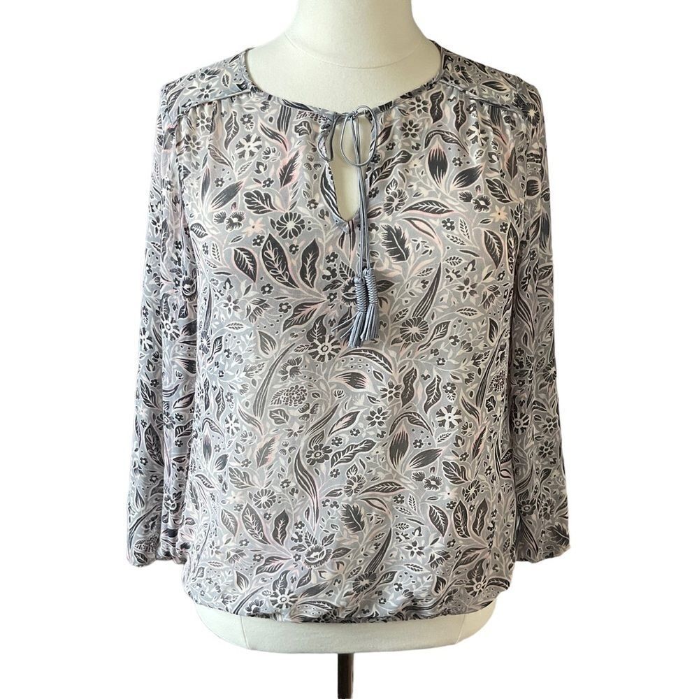 Lane Bryant Long Sleeve Tunic Top Sheer Gray & Pink Floral Tassel Size 14/16